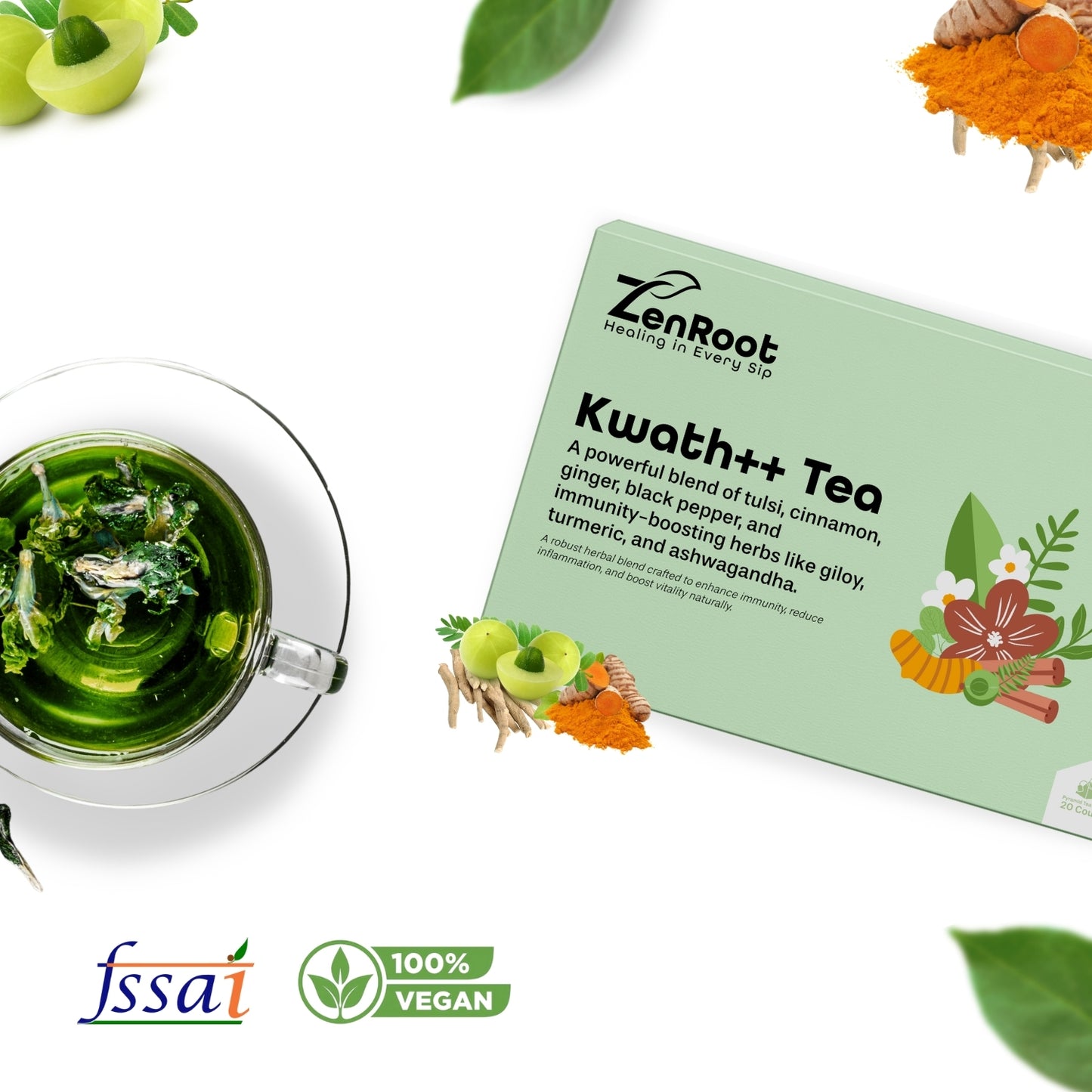 Kwath++ Tea | Traditional kadha tea | Spiced herbal taste | Blended with Tulsi, Giloy & Cinnamon and other immunity herbs | Improves immunity & clears congestion