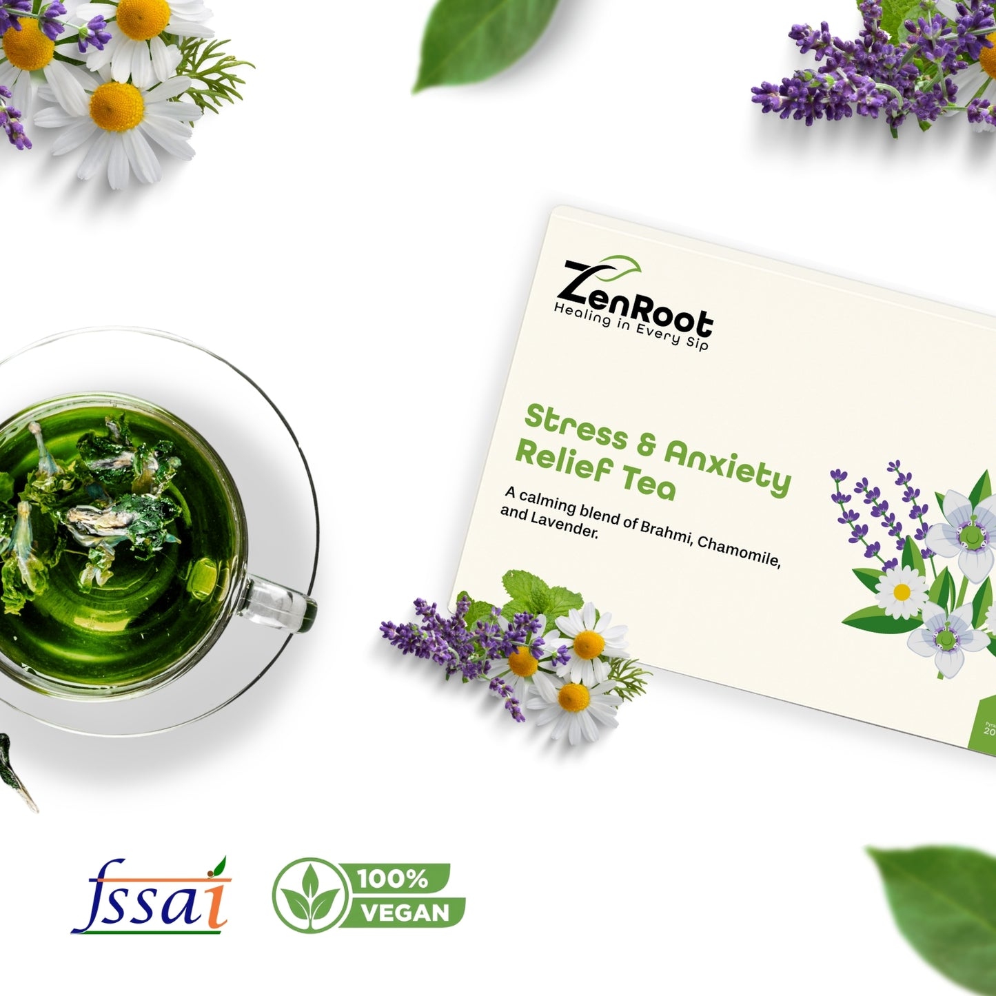 Stress & Anxiety Relief Tea | Tea for stress free mind | Smooth calming flavor | Blended with Brahmi, Chamomile & Lavender and other stress relief herbs | Reduces anxiety & improves mood