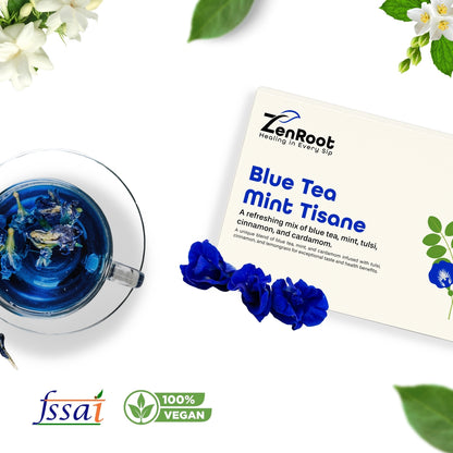 Blue Tea Mint Tisane | Refreshing blue flower tea | Natural blue color with cooling herbs | Blended with Butterfly Pea, Tulsi & Mint and other refreshing herbs | Refreshes body & helps detox