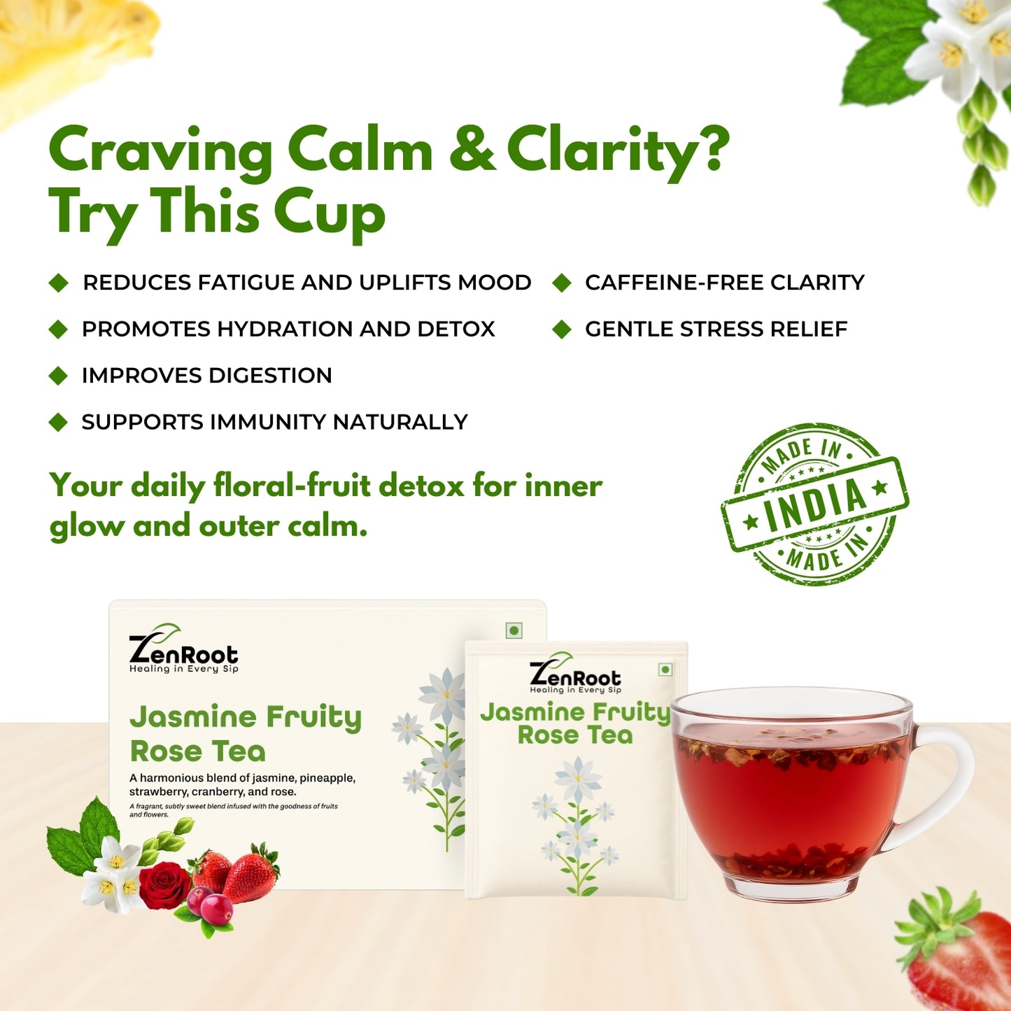 Jasmine Fruity Rose Tea | Mood uplifting fruity tea | Sweet floral-fruity aroma | Blended with Jasmine, Strawberry & Rose and other uplifting herbs | Refreshes mind & uplifts mood