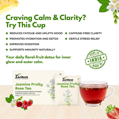 Jasmine Fruity Rose Tea | Mood uplifting fruity tea | Sweet floral-fruity aroma | Blended with Jasmine, Strawberry & Rose and other uplifting herbs | Refreshes mind & uplifts mood