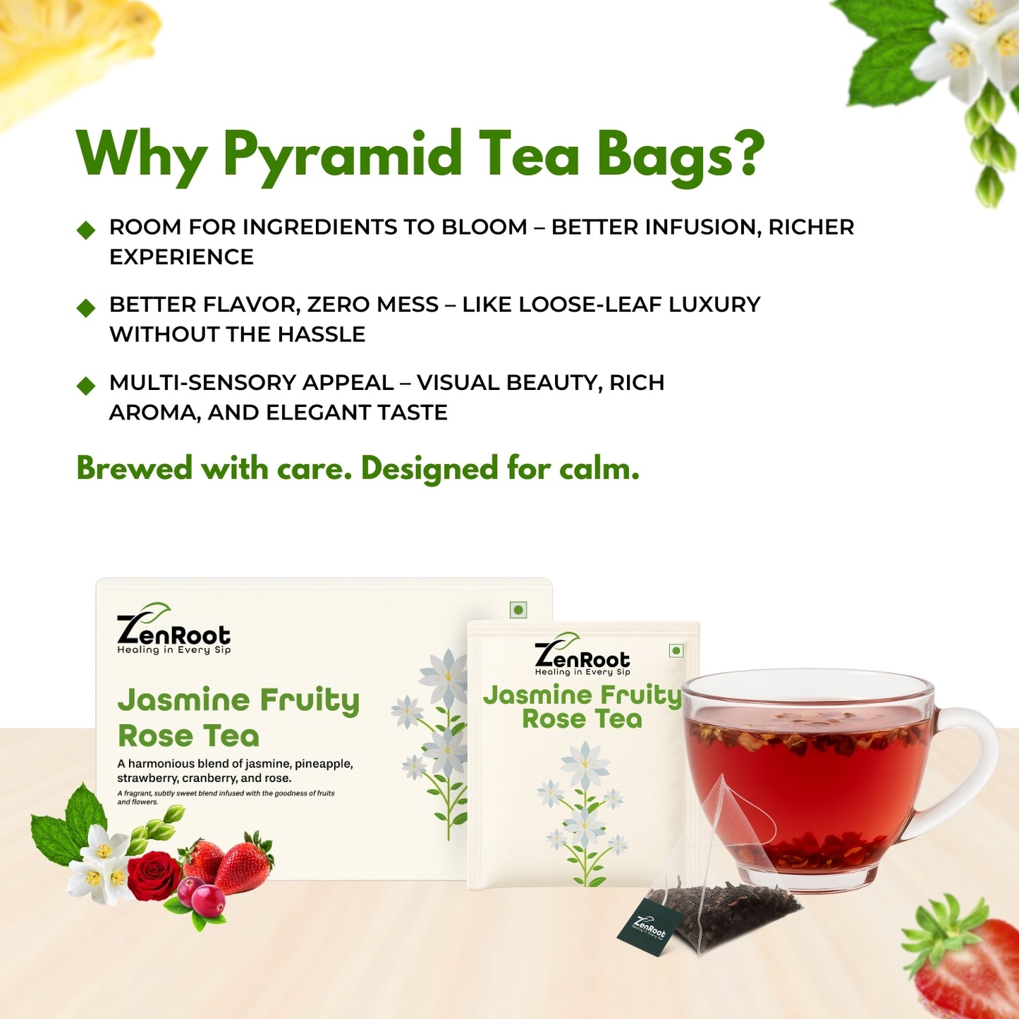 Jasmine Fruity Rose Tea | Mood uplifting fruity tea | Sweet floral-fruity aroma | Blended with Jasmine, Strawberry & Rose and other uplifting herbs | Refreshes mind & uplifts mood