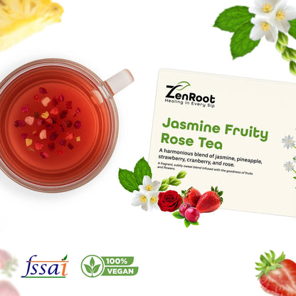 Jasmine Fruity Rose Tea | Mood uplifting fruity tea | Sweet floral-fruity aroma | Blended with Jasmine, Strawberry & Rose and other uplifting herbs | Refreshes mind & uplifts mood