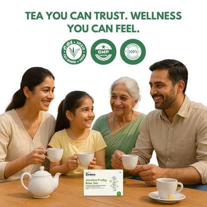 Jasmine Fruity Rose Tea | Mood uplifting fruity tea | Sweet floral-fruity aroma | Blended with Jasmine, Strawberry & Rose and other uplifting herbs | Refreshes mind & uplifts mood