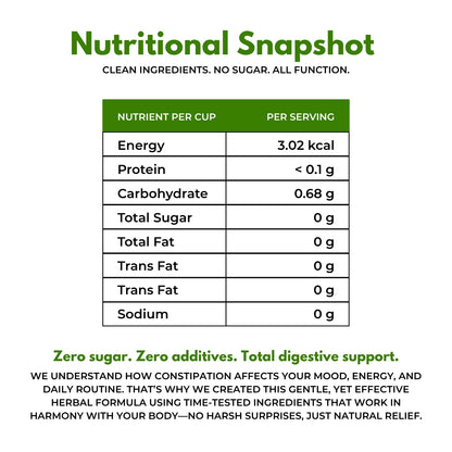 Constipation Tea | Natural relief from constipation | Mild herbal taste | Blended with Senna, Triphala & Peppermint and other digestive herbs | Supports smooth digestion & bowel movement