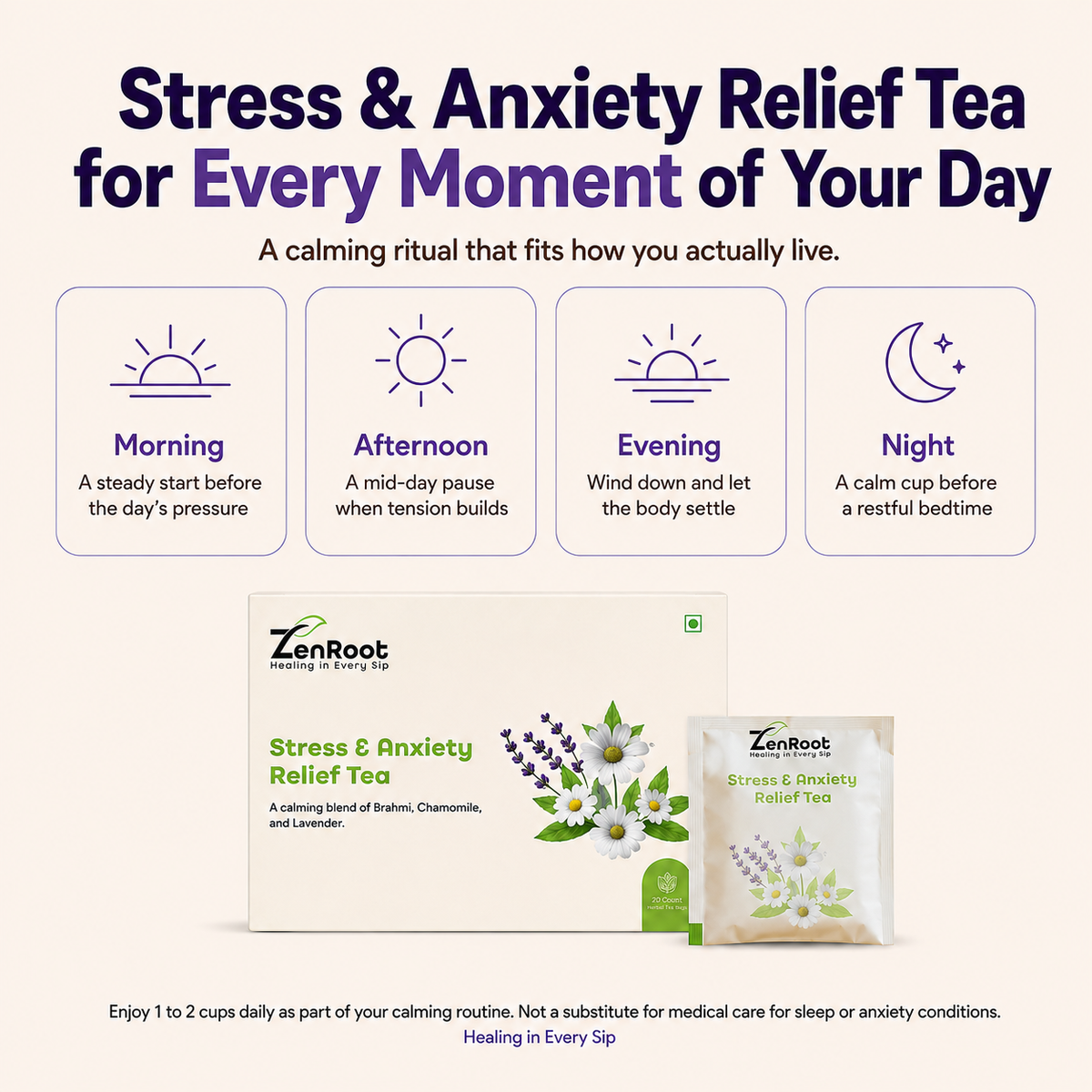 ZenRoot Stress & Anxiety Tea, FSSAI approved herbal tea from ZenRoot